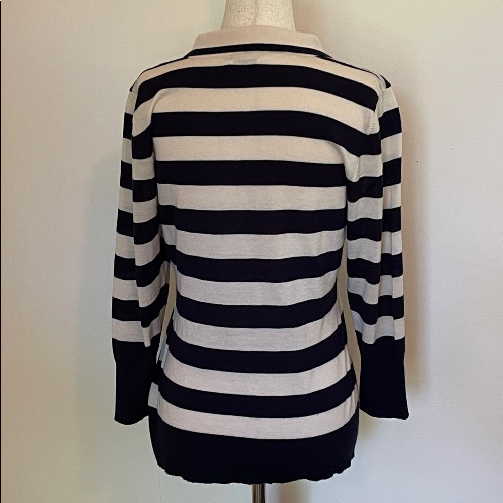 FRAME Wool Cashmere Striped Sweater Navy Ivory Gold Button Pullover Women’s L - Picture 3 of 5